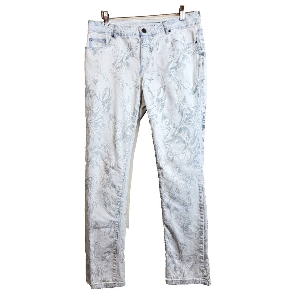 Soft Surroundings Jeans 10 Womens Straight High Rise White Blue Diamond‎ Floral